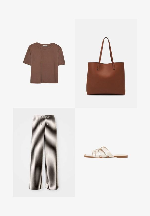 Brun kortærmet t-shirt lavet af blødt stof, med rund halsudskæring og afslappet pasform. Ingen synlige mønstre eller detaljer.; Stribede pyjamasbukser med en afslappet pasform, lavet af blødt stof. Har skiftende brune og cremefarvede vandrette striber samt elastisk talje med snøre.; Flade sandaler med en lys gummisål, designet med tre overlappende hvide læderremme og en lille sløjfe detalje i midten.; Brun læder tote taske med en glat overflade, åben topdesign og to skulderremme. Har minimal syning og ingen synlig hardware.