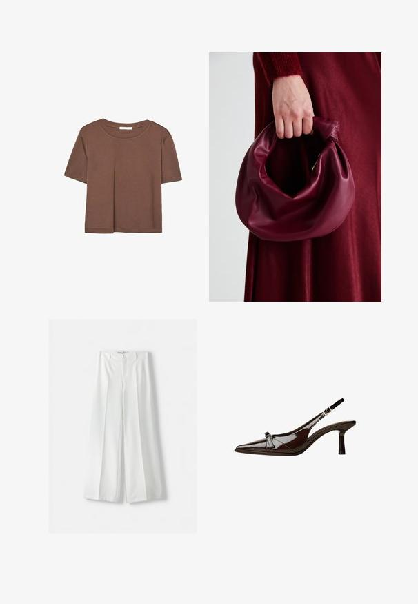 Smeđi kratki rukav majica od mekog materijala, s okruglim izrezom i opuštenim krojem. Nema vidljivih uzoraka ili naglasaka.; Bershka WIDE-LEG TAILORED - Hlače - white; Smeđe lakirane slingback cipele s upPointom, niskom petom i dekorativnom mašnom sprijeda. Glatka, sjajna tekstura.; Bordo kožni ruksač s mekim, naboranim dizajnom i zaobljenim oblikom. Ručka je sigurno pričvršćena, pokazujući glatku teksturu.
