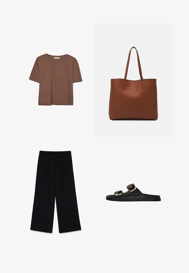 Brun kortärmad t-shirt i mjukt tyg, med rund halsringning och avslappnad passform. Inga synliga mönster eller detaljer.; Svarta vida byxor i slätt tyg, med veck framtill, midjehöjd och utan synliga knäppningar eller dekorationer.; Svart glidsandal med två guldfärgad spännen, slät textur av material, platt sula och en minimalistisk design.; Brun läder tote-väska med en slät textur, öppen toppdesign och två axelremmar. Har minimal söm och ingen synlig metalldetalj.