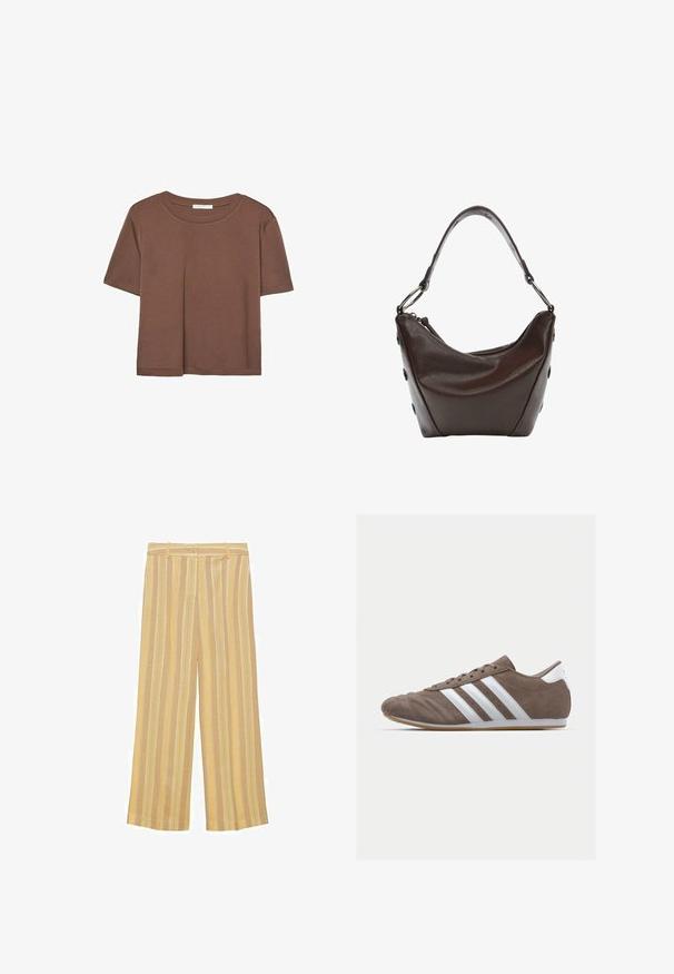 Korte mouwen T-shirt in bruin, gemaakt van een zachte stof, met een ronde halslijn en een relaxte pasvorm. Geen zichtbare patronen of accenten.; Geel gestreepte wijde broek met een gestructureerde stof, gekenmerkt door verticale strepen in verschillende breedtes en een knoopsluiting bij de taille.; Bruine suède sportschoen met witte strepen, ronde neus, vetersluiting en gumrubberen zool. Gestructureerde bovenkant met stikseldetails.; Donkerbruine leren handtas met een gebogen vorm, ritsluiting en een korte handgreep. Voorzien van metalen hardware en decoratieve zwarte knopen aan de zijkant.