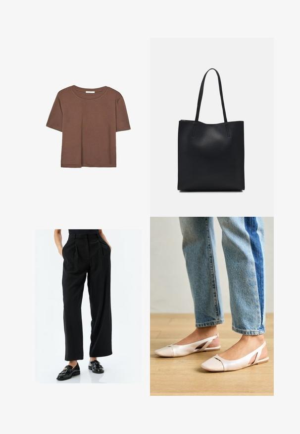 Korte mouwen T-shirt in bruin, gemaakt van een zachte stof, met een ronde halslijn en een relaxte pasvorm. Geen zichtbare patronen of accenten.; Zwarte, wijde broek van een gladde stof, met voorplooien en zijzakken. Gepaard met glanzende zwarte instappers met franjes en een gouden accent.; Zachtroze slingback ballerina's met een spitse neus, gemaakt van een glad leerachtig materiaal. Bevat uitsnijdingen aan de zijkanten en heeft een platte hak.; Zwarte leren handtas met een gladde textuur, rechthoekige vorm en twee lange handvaten. Geen zichtbare hardware of versieringen.