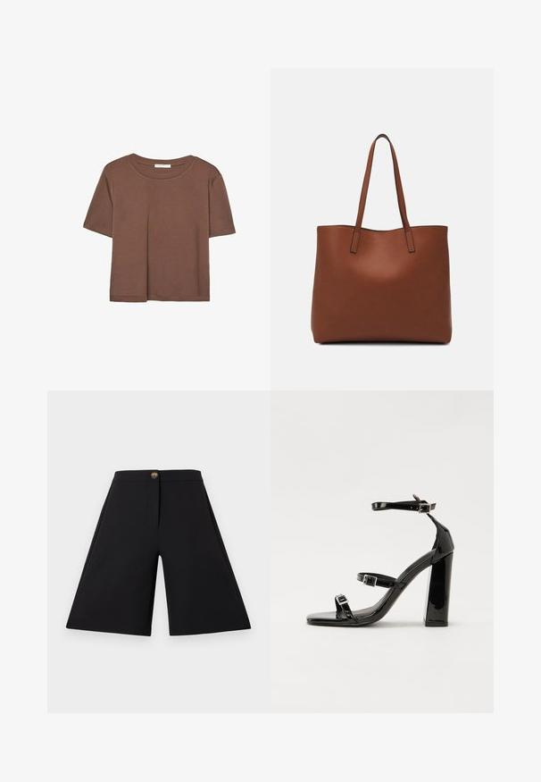 Brun kortærmet t-shirt lavet af blødt stof, med rund halsudskæring og afslappet pasform. Ingen synlige mønstre eller detaljer.; Sorte bredbenede shorts med en glat tekstur, frontknaplukning og rene linjer. Designet uden lommer for et slankt udseende.; Sorte patenterede hælsandaler med firkantet tå, ankelremme og sølvspænder. Har en chunky blokHæl for stabilitet.; Brun læder tote taske med en glat overflade, åben topdesign og to skulderremme. Har minimal syning og ingen synlig hardware.