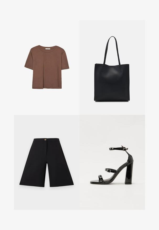 Maglietta a maniche corte marrone realizzata in tessuto morbido, con scollatura rotonda e vestibilità rilassata. Nessun motivo o dettaglio visibile.; Shorts neri a gamba larga con una texture liscia, chiusura frontale a bottone e linee pulite. Progettati senza tasche per un aspetto elegante.; Sandali con tacco alto in vernice nera con due cinturini con fibbia, punta quadrata e tacco spesso a blocco, caratterizzati da una texture liscia e lucida.; Borsa tote in pelle nera con texture liscia, forma rettangolare e due manici lunghi. Nessun hardware o decorazione visibile.