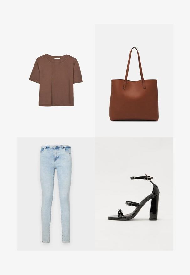Hnedé tričko s krátkym rukávom vyrobené z jemného materiálu, s okrúhlym výstrihom a voľným strihom. Žiadne viditeľné vzory ani akcenty.; Svetlomodré úzke džínsy vyrobené z denimu, s klasickým dizajnom piatich vreciek, so zipsom a s mierne opotrebovaným povrchom pre textúru.; Čierne lakované sandále na podpätku so štvorcovou špičkou, navlečenými remienkami okolo členku a striebornými prackami. Disponujú masívnym blokovým podpätkom pre stabilitu.; Hnedá kožená taška na rameno s hladkou textúrou, otvoreným vrchom a dvoma ramenými popruhmi. Má minimálne šitia a žiadne viditeľné kovania.