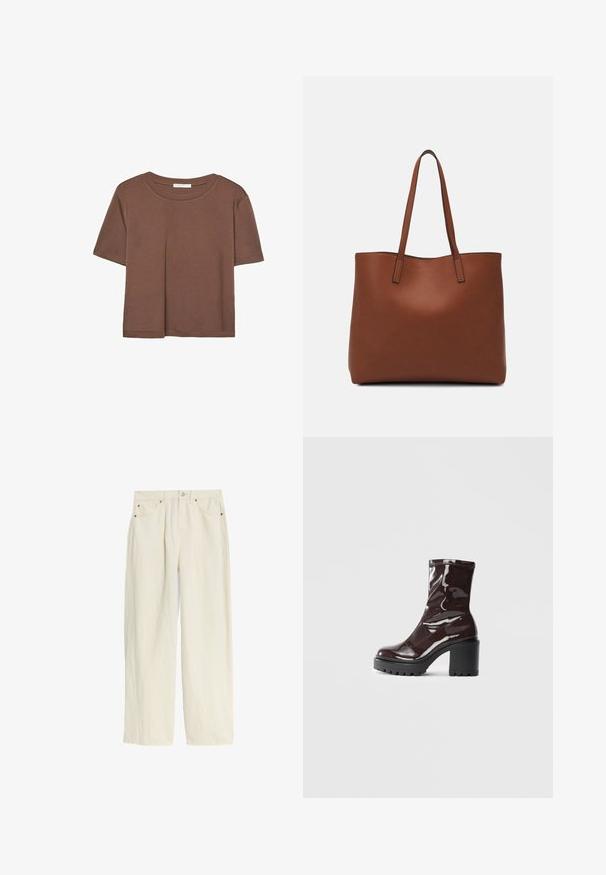 Maglietta a maniche corte marrone realizzata in tessuto morbido, con scollatura rotonda e vestibilità rilassata. Nessun motivo o dettaglio visibile.; Pantaloni a gamba larga di colore crema chiaro realizzati in tessuto testurizzato. Presentano una chiusura con bottone, rivetti color rame e quattro tasche.; Stivale alla caviglia bordeaux lucido con un tacco spesso nero, caratterizzato da una superficie liscia e un design semplice. Nessuna chiusura visibile o motivo.; Borsa tote in pelle marrone con texture liscia, design con apertura superiore e due spallacci. Presenta cuciture minime e nessun hardware visibile.