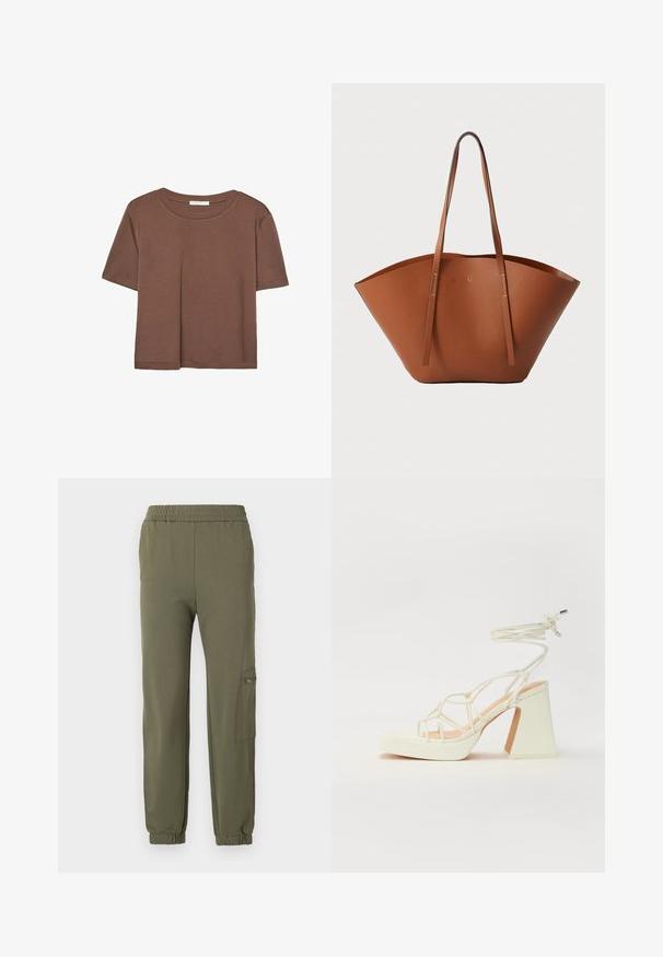 Braunes, kurzärmliges T-Shirt aus weichem Material mit rundem Halsausschnitt und lockerer Passform. Keine sichtbaren Muster oder Akzente.; Olivgrüne Jogginghosen mit einem elastischen Bund, schmal zulaufenden Bündchen und einer seitlichen Cargo-Tasche mit Reißverschlussdetail. Weicher, dehnbarer Stoff.; Weiße High-Heel-Sandale mit einem klobigen Absatz, die über ein Riemchendesign und ein Knöchelband verfügt. Glatte Textur mit einer Plattform vorne für zusätzliche Höhe.; Braune Leder-Tote mit einer breiten, strukturierten Form, dünnen Griffen und einer strukturierten Oberfläche. Bietet ein minimalistisches Design ohne sichtbare Beschläge.