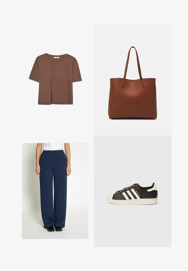 Korte mouwen T-shirt in bruin, gemaakt van een zachte stof, met een ronde halslijn en een relaxte pasvorm. Geen zichtbare patronen of accenten.; PEPPERCORN Trainingsbroek - black iris; Low-top Adidas Superstar sneaker in donkerbruin leer met crème shell-toe, witte strepen en de tekst "Superstar" aan de zijkant.; Bruine leren tote bag met een gladde textuur, een ontwerp met een open bovenkant en twee schouderbanden. Kenmerkt zich door minimale stiksels en geen zichtbare hardware.