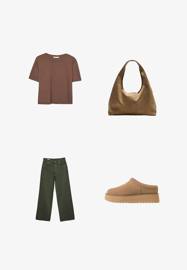 Hnedé tričko s krátkym rukávom vyrobené z jemného materiálu, s okrúhlym výstrihom a voľným strihom. Žiadne viditeľné vzory ani akcenty.; Olivové široké nohavice s predným gombíkom, zipsom, pútka na opasok a dizajn so piatimi vreckami, zobrazené na bielom pozadí.; Hnedé nazúvacie topánky s jemnou textúrou, zaoblenou špičkou a hrubou, ryhovanou podrážkou. Obsahujú jemné švy po stranách.; Hnedá látková taška cez rameno s širokým, zaobleným telom a veľkým vyrezaným uchom. Mäkčená textúra, minimalistický dizajn a bez viditeľného kovania.