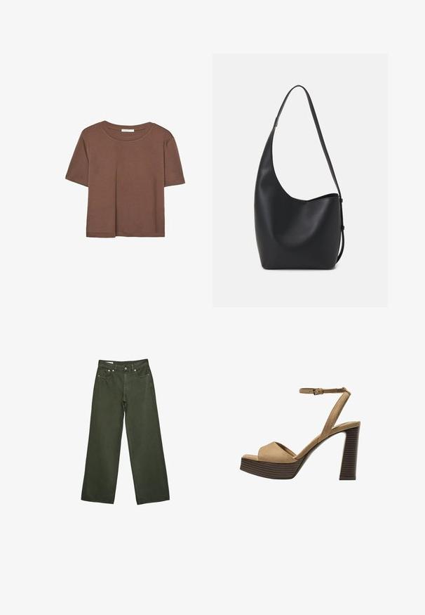 Korte mouwen T-shirt in bruin, gemaakt van een zachte stof, met een ronde halslijn en een relaxte pasvorm. Geen zichtbare patronen of accenten.; Olijfgroene wijde broek met een voorste knoop, rits, riemlussen en vijf pocketontwerp, weergegeven op een witte achtergrond.; Beige suède hoge hakken sandalen met een brede voorband en enkelband, met een dikke houten blokhak met een gestructureerde afwerking.; Zwarte leren hobo tas met een gladde textuur, kromme vorm en een enkele verstelbare schouderband; heeft een brede opening aan de bovenkant.; Stradivarius FLORAL - Ketting - beige