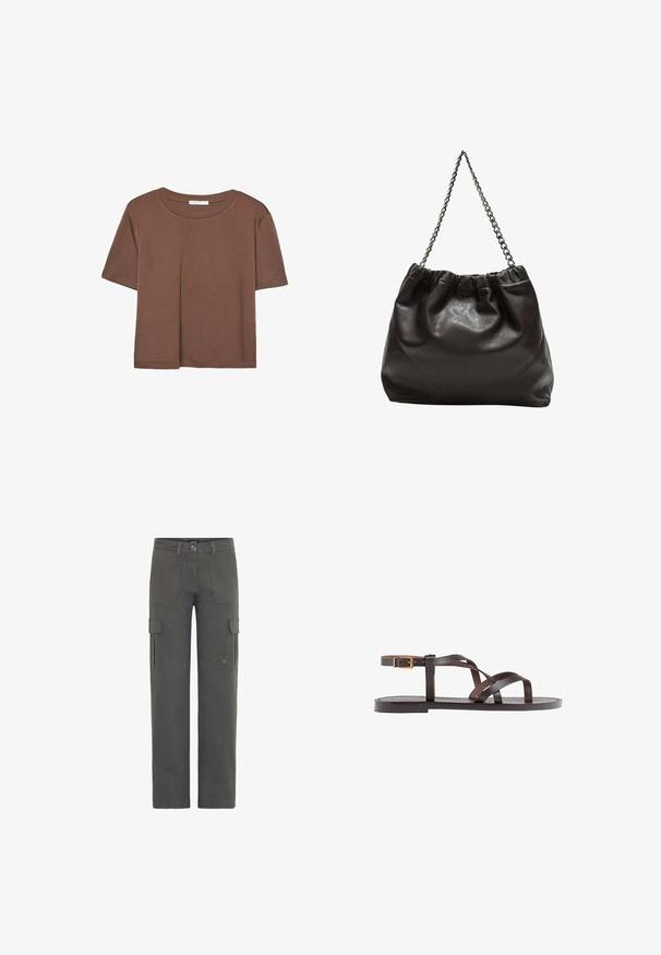 Rjava kratka majica s kratkimi rokavi iz mehkega materiala, s krožnim izrezom in ohlapnim krojem. Brez vidnih vzorcev ali dodatkov.; Cargo hlače v temno sivi bombažni tkanini s ravnim krojem. Imajo dva stranska žepa in zaponko na gumb. Trajna tkanina z rahlo teksturo.; Rjav usnjen sandal z načinom prečnega črta, zaklepom okoli gležnja in ravnim podplatom z minimalnimi šivi.; Rjava usnjena torba z nabranim vrhom in verižnim trakom. Gladka tekstura z sijajno površino in subtilnimi šivi na straneh.