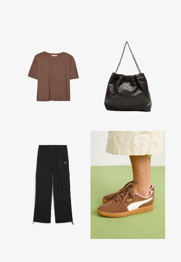 Hnedé tričko s krátkym rukávom vyrobené z jemného materiálu, s okrúhlym výstrihom a voľným strihom. Žiadne viditeľné vzory ani akcenty.; Čierne cargo nohavice s širokým strihom, elastickým pásom, dvoma bočnými vreckami a šnúrkami na okrajoch. Zdobené malým bielym logom.; Hnedé semišové tenisky s bielymi akcentmi, gumovou podrážkou a ružovou pätou. Viditeľné šnúrky a detail značky. Čiastočne viditeľné tetovanie na členku.; Hnedá kožená taška so zberaným vrchom a reťazovým popruhom. Hladký povrch s lesklým finišom a jemným švom po stranách.
