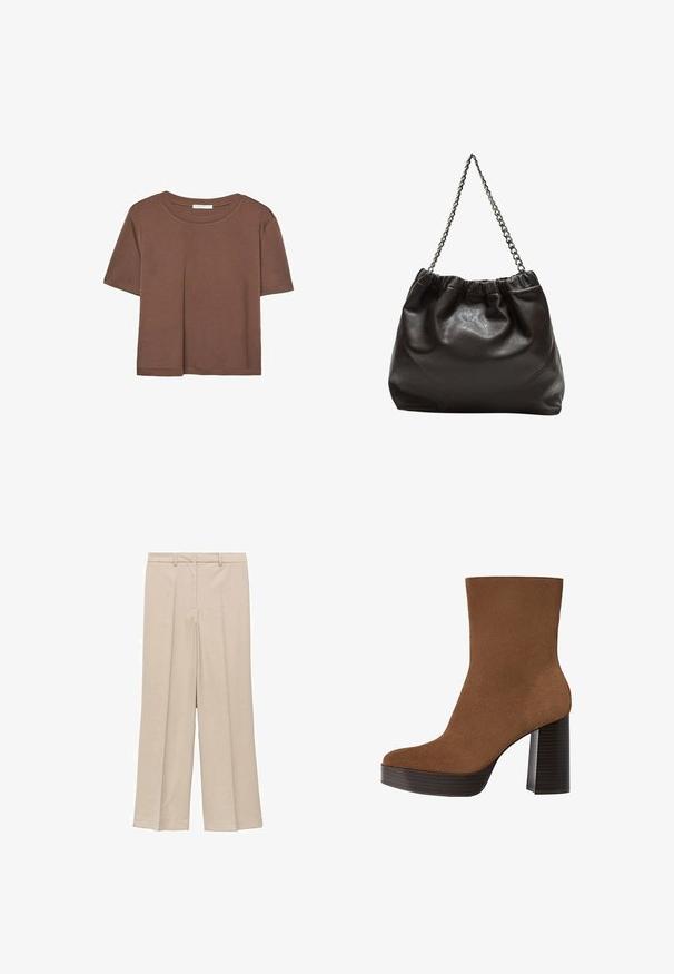 Maglietta a maniche corte marrone realizzata in tessuto morbido, con scollatura rotonda e vestibilità rilassata. Nessun motivo o dettaglio visibile.; Pantaloni larghi beige chiaro con una texture liscia, caratterizzati da una frontale plissettata e tasche laterali, e un design con vita aderente.; Stivale alla caviglia in suede marrone con punta arrotondata, tacco spesso a strisce nere e superficie liscia. Caratterizzato da un design aderente senza hardware visibile.; Borsa in pelle marrone con parte superiore arricciata e tracolla a catena. Texture liscia con finitura lucida e dettagli di cucitura sottili sui lati.