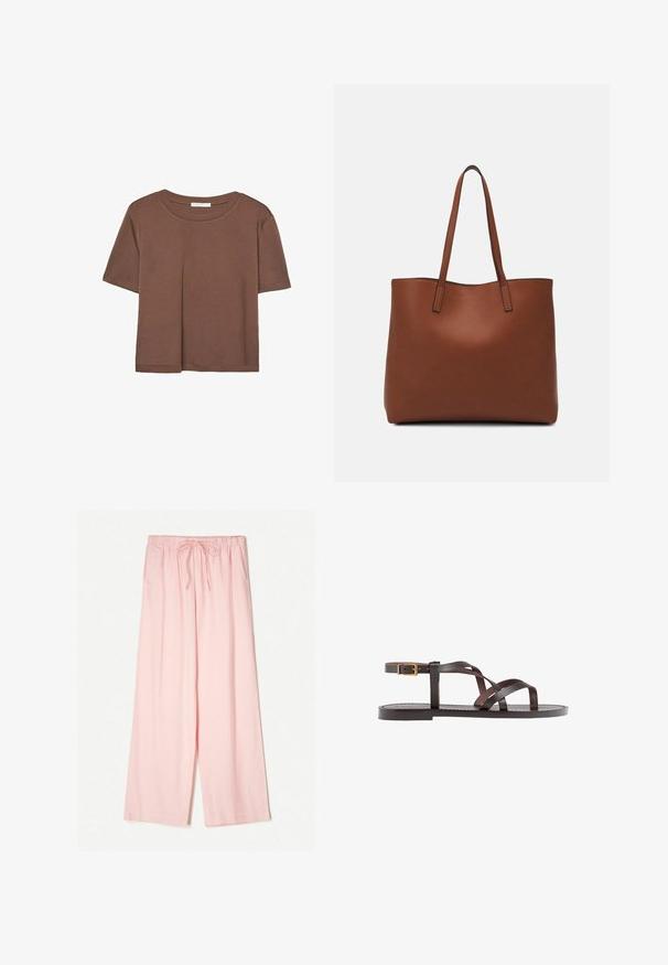 Rjava kratka majica s kratkimi rokavi iz mehkega materiala, s krožnim izrezom in ohlapnim krojem. Brez vidnih vzorcev ali dodatkov.; Svetlo roza hlače širokih nogavic z elastičnim pasom in nastavljivim vrvico. Narejene so iz gladkega materiala z sproščenim krojem.; Rjav usnjen sandal z načinom prečnega črta, zaklepom okoli gležnja in ravnim podplatom z minimalnimi šivi.; Rjava usnjena torba z gladko teksturo, odprto zasnovo zgoraj in dvema naramnima trakovoma. Opremljena je z minimalnim šivanjem in brez vidnih kovinskih delov.