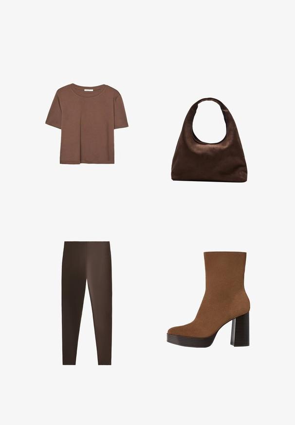 Rjava kratka majica s kratkimi rokavi iz mehkega materiala, s krožnim izrezom in ohlapnim krojem. Brez vidnih vzorcev ali dodatkov.; Rjave legice iz gladkega blaga, ki imajo oprijet kroj z visokim pasom ter brez vidnih zadrg ali vzorcev.; Rjavi semiš gležnjar z zaokroženim prstom, debelim črnima črtastim petam in gladko površino. Ima prilagojen dizajn brez vidne opreme.; Mehakna rjava torbica v hobo stilu z enim širokim trakom in ukrivljenim odprtjem na vrhu, prikazana na beli podlagi.