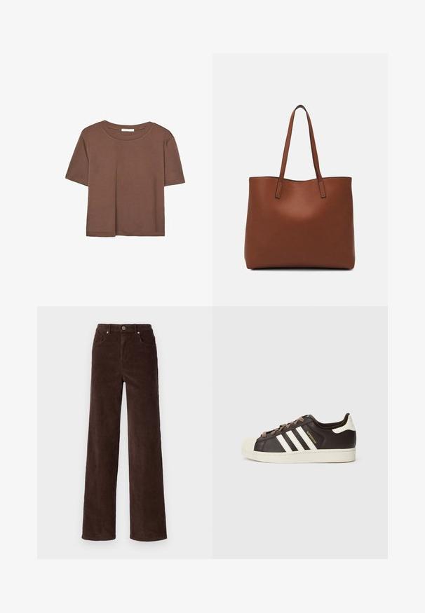 Hnedé tričko s krátkym rukávom vyrobené z jemného materiálu, s okrúhlym výstrihom a voľným strihom. Žiadne viditeľné vzory ani akcenty.; Vero Moda VMTESSA WIDE PANTS - Nohavice - chocolate torte; Nízke tenisky Adidas Superstar z tmavohnedej kože s béžovou špičkou, bielymi pruhmi a nápisom „Superstar“ na boku.; Hnedá kožená taška na rameno s hladkou textúrou, otvoreným vrchom a dvoma ramenými popruhmi. Má minimálne šitia a žiadne viditeľné kovania.