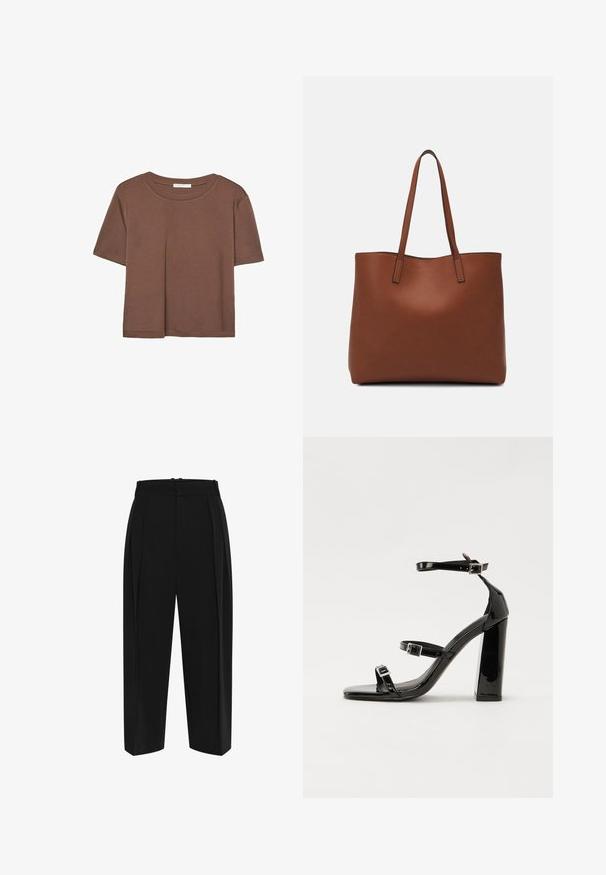 Smeđi kratki rukav majica od mekog materijala, s okruglim izrezom i opuštenim krojem. Nema vidljivih uzoraka ili naglasaka.; Crne hlače s visokim strukom, nabranim prednjim dijelom i ravnim krojem. Izrađene od glatkog materijala s čistim završetkom i bez vidljivih metalnih dijelova.; Crne lakirane sandale na pete sa kvadratnim nosom, trakama oko gležnja i srebrnim kopčama. Imaju čvrst blok petu za stabilnost.; Smeđa kožna torba preko ramena s glatkom teksturom, otvorenim vrhom i dvjema naramenicama. Ima minimalne šavove i nema vidljivog hardvera.