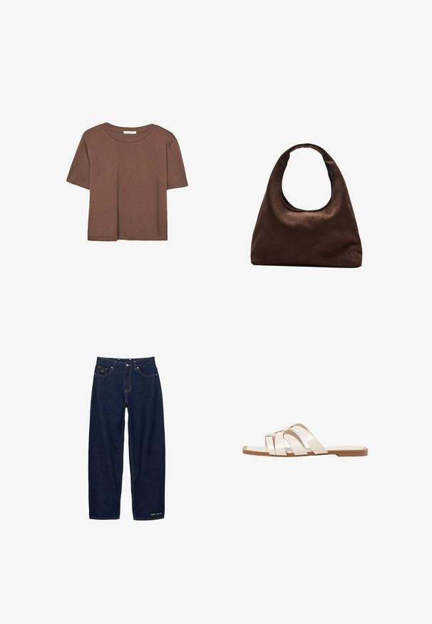 Kahvinsävyinen lyhythihainen t-paita, joka on valmistettu pehmeästä kankaasta. Pyöreä pääntie ja rento malli. Ei näkyviä kuvioita tai koristeita.; Tummansinisiä farkkuja, joissa on väljä malli, keltainen ommel, sydänkoriste etutaskussa ja tekstilogo helman lähellä.; Tason vaaleanruskealla kumipohjalla, jossa on kolme päällekkäistä valkoista nahkaremmiä ja pieni satiininen rusetti keskellä.; Pehmeä ruskea hobo-tyylinen käsilaukku, jossa on yksi leveä olkahihna ja kaareva yläosan aukko, esitelty valkoista taustaa vasten.