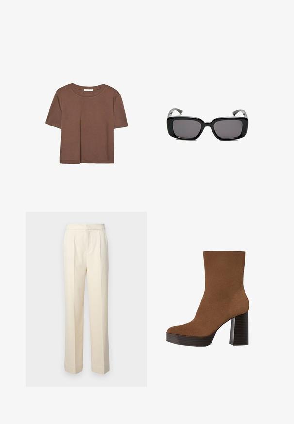 Brown short-sleeve t-shirt made of soft fabric, with a round neckline and relaxed fit. No visible patterns or accents.; Tailored cream-colored trousers with a straight leg, featuring front pleats and a smooth finish. The waistband is flat and without embellishments.; Brown suede ankle boot with a rounded toe, chunky black striped heel, and a smooth surface. Features a fitted design without visible hardware.; Black rectangular sunglasses with dark lenses, smooth plastic frame, and curved temples. The design is chunky with a minimalist aesthetic.