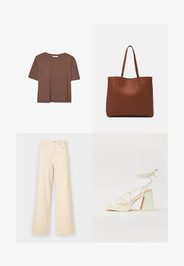 Rjava kratka majica s kratkimi rokavi iz mehkega materiala, s krožnim izrezom in ohlapnim krojem. Brez vidnih vzorcev ali dodatkov.; Bež jeans širokega kroja iz bombaža. Imajo gumbno zapiranje, zanke za pas in sprednje žepe ter gladko, mehko teksturo.; Bela sandala na visokih petah s debelim petam, ki ima obliko trakcev in vezanje okoli gležnja. Gladka tekstura z platformo spredaj za dodatno višino.; Rjava usnjena torba z gladko teksturo, odprto zasnovo zgoraj in dvema naramnima trakovoma. Opremljena je z minimalnim šivanjem in brez vidnih kovinskih delov.