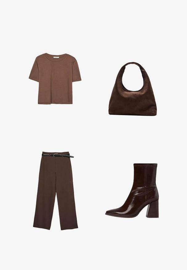 Korte mouwen T-shirt in bruin, gemaakt van een zachte stof, met een ronde halslijn en een relaxte pasvorm. Geen zichtbare patronen of accenten.; Bruine wijde broek met een gladde textuur, voorzien van een zwarte riem en een op maat gemaakte tailleband, wat zorgt voor een gestructureerde pasvorm.; Bruine verlichte leren enkellaars met een spitse neus, elastische enkel en een stevige blokhak. Strak ontwerp met een gladde textuur.; Zachte bruine hobo-stijl handtas met een enkele brede schouderband en een gebogen opening aan de bovenkant, weergegeven op een witte achtergrond.