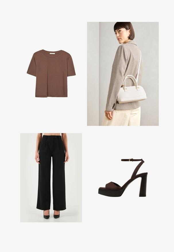 Hnědé tričko s krátkým rukávem vyrobené z měkké látky, s kulatým výstřihem a volným střihem. Bez viditelných vzorů nebo dekorací.; Černé kalhoty s širokým střihem vyrobené z hladké tkaniny. Mají vysoký pas, přední záhyby a dvojité zapínání na knoflíky. Navrženy pro pohodlný střih.; Hnědé semišové sandály na vysokém podpatku s otevřenou špičkou, nastavitelným páskem kolem kotníku a proužkovou platformou.; Bílá strukturovaná kabelka s krátkými uchy a ramenním popruhem, zdobená zlatými kovovými prvky a texturovaným materiálem, vystavená na šedém pozadí.