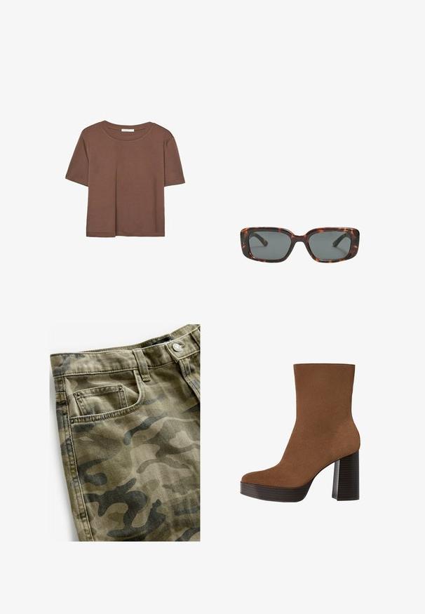 Maglietta a maniche corte marrone realizzata in tessuto morbido, con scollatura rotonda e vestibilità rilassata. Nessun motivo o dettaglio visibile.; Next Shorts di jeans - camo print; Stivale alla caviglia in suede marrone con punta arrotondata, tacco spesso a strisce nere e superficie liscia. Caratterizzato da un design aderente senza hardware visibile.; Occhiali da sole tartaruga con lenti rettangolari, montatura spessa e lenti scure. Texture liscia e design minimalista.