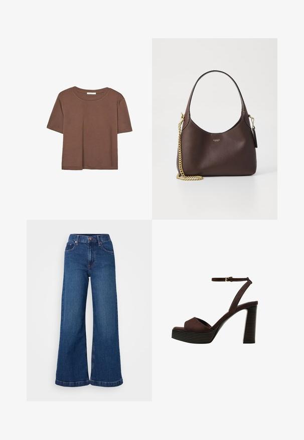 Maglietta a maniche corte marrone realizzata in tessuto morbido, con scollatura rotonda e vestibilità rilassata. Nessun motivo o dettaglio visibile.; Jeans in denim a gamba larga di colore blu scuro, con vita alta, design a cinque tasche e orli rifiniti. Tessuto liscio con dettagli di cucitura discreti.; Sandal in camoscio marrone con tacco alto, punta aperta, cinturino alla caviglia regolabile e suola a piattaforma striata.; COACH BROOKLYN SHOULDER BAG 23 - Borsa a mano - maple