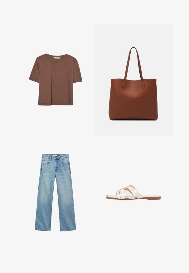 Smeđi kratki rukav majica od mekog materijala, s okruglim izrezom i opuštenim krojem. Nema vidljivih uzoraka ili naglasaka.; Svijetloplave traperice širokog kroja. Imaju pet džepova, prednje dugme za zatvaranje i vidljivo šivanje. Mekana tekstura.; Ravne sandale s smeškom od gume, dizajnirane s tri preklapajuće bele kožne trake i malim detaljem mašne u sredini.; Smeđa kožna torba preko ramena s glatkom teksturom, otvorenim vrhom i dvjema naramenicama. Ima minimalne šavove i nema vidljivog hardvera.