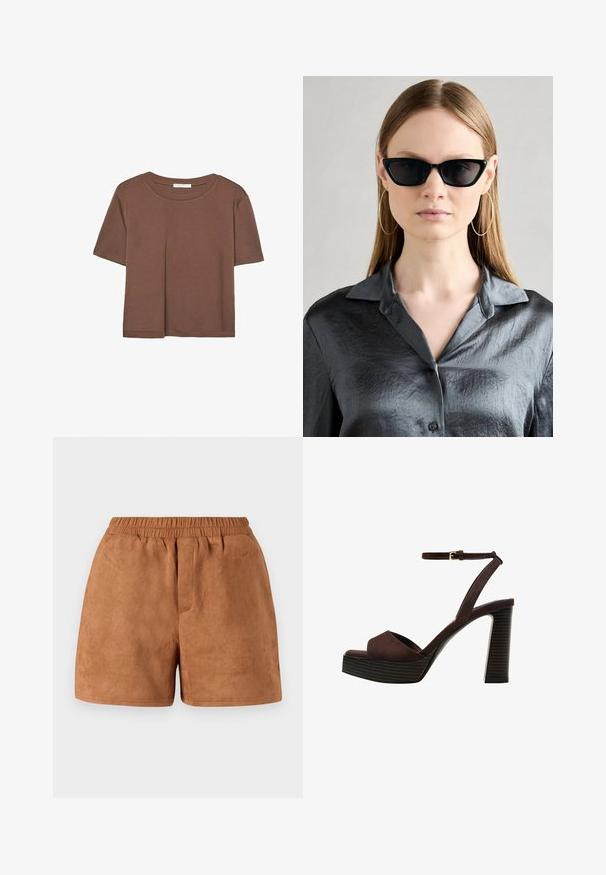 Kahvinsävyinen lyhythihainen t-paita, joka on valmistettu pehmeästä kankaasta. Pyöreä pääntie ja rento malli. Ei näkyviä kuvioita tai koristeita.; Ruskeat mokkashortsit, joissa on joustava vyötärö, rento leikkaus ja sileä pinta. Yksinkertainen muotoilu, sopii arkikäyttöön.; Ruske kožne sandale s visokom potpeticom, otvorenim prstima, podesivim kopčanjem oko gležnja i prugastim platformskim đonom.; Mustat kissankorvat aurinkolasit kiiltävällä pinnalla, käytettynä harmaassa napilliseen paitaan, jossa on kaulus. Suuret renkaat korvakorut ovat näkyvissä.