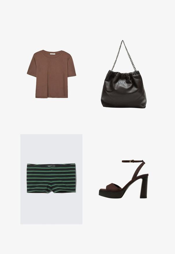 Smeđi kratki rukav majica od mekog materijala, s okruglim izrezom i opuštenim krojem. Nema vidljivih uzoraka ili naglasaka.; Crne kupaće hlače s horizontalnim zelenim prugama. Imaju uski dizajn i elastičnu pojase. Izrađene su od rastezljivog, glatkog materijala.; Smeđe zamšaste sandale s visokim potpeticama, otvorenim prstima, podesivom trakicom oko gležnja i prugastom platformom.; Smeđa kožna torba s naboranim vrhom i lančićem za nošenje. Glatka tekstura s sjajnim završetkom i suptilnim šavnim detaljima sa strane.