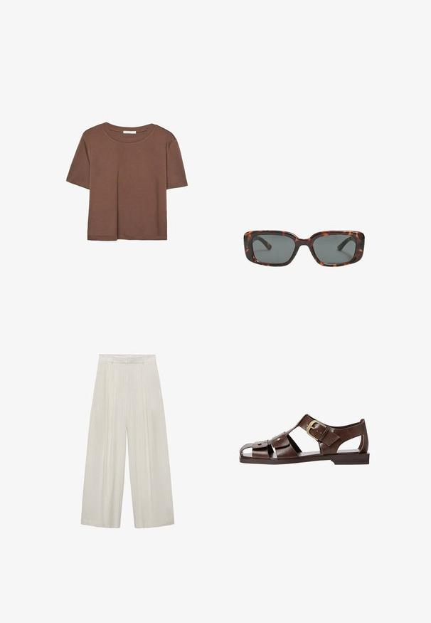 Braunes, kurzärmliges T-Shirt aus weichem Material mit rundem Halsausschnitt und lockerer Passform. Keine sichtbaren Muster oder Akzente.; Beiger weit geschnittene Hose mit vertikalen weißen Streifen. Sie hat eine hohe Taille, eine gefaltete Vorderseite und eine glatte Textur.; Braune Leder-Sandale mit ausgeschnittenem Design, verstellbarem seitlichem Riemenverschluss und flacher Sohle, mit Metallakzenten und offenem Zehenbereich.; Sonnenbrille im Schildpatt-Design mit rechteckigen Gläsern, dicken Rahmen und dunkelgetönten Gläsern. Glatte Textur und minimalistisches Design.