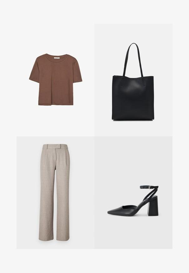 Brązowa koszulka z krótkim rękawem, wykonana z miękkiego materiału, z okrągłym dekoltem i luźnym krojem. Brak widocznych wzorów lub akcentów.; Beżowe spodnie o dopasowanym kroju, wykonane z teksturowanej tkaniny, z prostymi nogawkami i fałdami z przodu. Brak widocznych elementów metalowych lub wzorów.; Czarne skórzane czółenka z ostrym noskiem, z paskiem na kostce i grubym obcasem. Gładka faktura, elegancki design i minimalistyczna estetyka.; Czarna skórzana torba tote o gładkiej fakturze, prostokątnym kształcie i dwóch długich uchwytach. Brak widocznych elementów metalowych i ozdób.