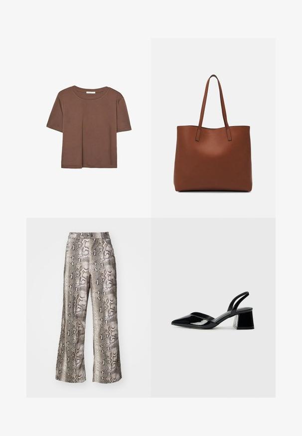 Hnědé tričko s krátkým rukávem vyrobené z měkké látky, s kulatým výstřihem a volným střihem. Bez viditelných vzorů nebo dekorací.; Kalhoty s širokými nohavicemi v hadím vzoru, s kombinací šedých, hnědých a béžových odstínů, vyrobené z hladkého materiálu s mírným leskem.; Černé lakované kožené lodičky na pásku s špičatou špičkou a geometrickým blokovým podpatkem. Vyznačují se elegantním, minimalistickým designem a hladkým povrchem.; Hnědá kožená taška přes rameno s hladkou texturou, otevřeným designem a dvěma ramenními popruhy. Obsahuje minimální švy a žádné viditelné kovové prvky.