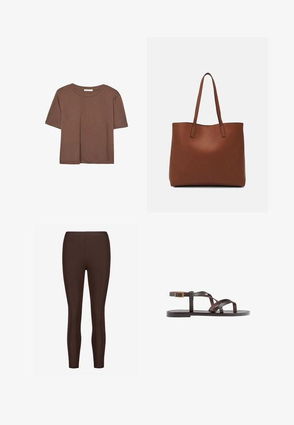 Brun kortærmet t-shirt lavet af blødt stof, med rund halsudskæring og afslappet pasform. Ingen synlige mønstre eller detaljer.; Brune strækable leggings med en glat tekstur, der har en høj talje og en tætsiddende ben-design, passende til aktiv eller afslappet brug.; Brune lædersandal med krydsende stropper, ankelspænde og en flad sål med minimale syninger.; Brun læder tote taske med en glat overflade, åben topdesign og to skulderremme. Har minimal syning og ingen synlig hardware.