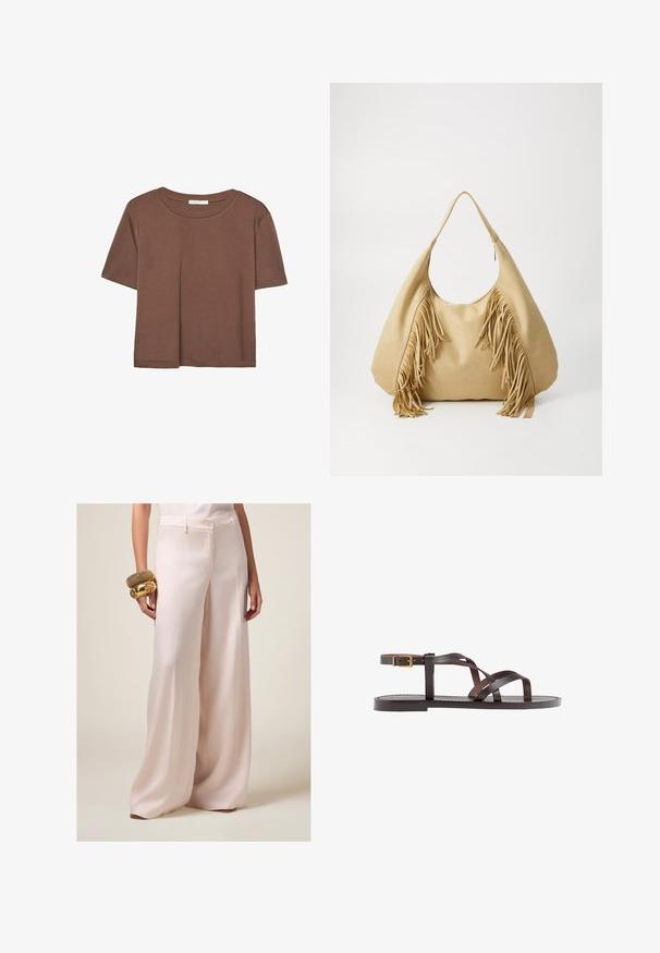 Kahvinsävyinen lyhythihainen t-paita, joka on valmistettu pehmeästä kankaasta. Pyöreä pääntie ja rento malli. Ei näkyviä kuvioita tai koristeita.; Housut, joissa on leveät lahkeet, vaaleanpunaiset ja valmistettu sileästä kankaasta, joissa on nappikiinnitys, sivutaskut ja räätälöity istuvuus. Korostettu kultaisilla rannekkeilla.; Ruske kožne sandale s križnim trakama, zatvaranjem na kopču oko gležnja i ravnim potplatom s minimalnim detaljima šivanja.; Harmaa mokkanahkainen olkalaukku, jossa on suuri avaus ja pitkät hapsut molemmissa sivuissa. Laukussa on sileä pinta ja yksi kahva.