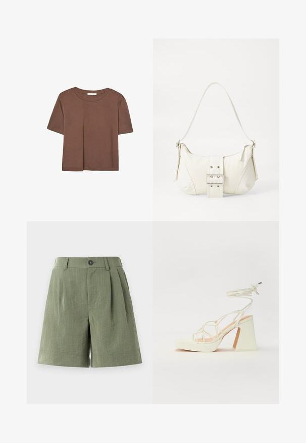 Rjava kratka majica s kratkimi rokavi iz mehkega materiala, s krožnim izrezom in ohlapnim krojem. Brez vidnih vzorcev ali dodatkov.; Zelene nabrane hlače iz teksturiranega materiala. Imajo zapiranje na gumb in ravno obrobo, z oblikovanim krojem.; Bela sandala na visokih petah s debelim petam, ki ima obliko trakcev in vezanje okoli gležnja. Gladka tekstura z platformo spredaj za dodatno višino.; Bela torbica za rame z teksturirano površino, osrednjo sponko in ukrivljenim oblikovanjem. Zadrge na obeh straneh.