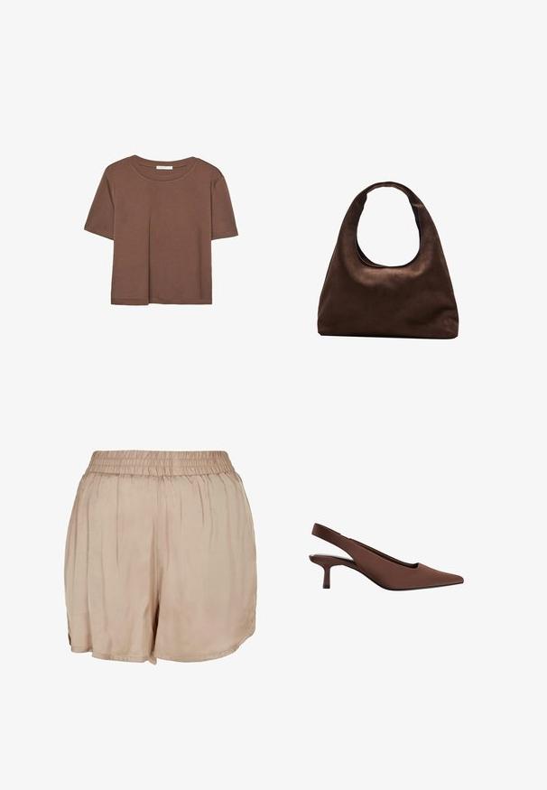 Smeđi kratki rukav majica od mekog materijala, s okruglim izrezom i opuštenim krojem. Nema vidljivih uzoraka ili naglasaka.; Bež kratke hlače od laganog materijala s elastičnom trakicom u struku i slobodnim krojem, koji imaju glatku teksturu i zakrivljeni rub.; Smešani smeđi sandali s potpeticom, s oštrim vrhom, glatkom teksturom, vitkom potpeticom srednje visine i minimalističkim dizajnom.; Meka mekana smeđa torba hobo stila s jednim širokim remenom i zakrivljenim otvaranjem na vrhu, prikazana na bijeloj pozadini.