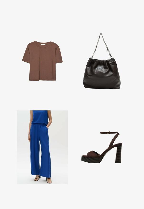 Brązowa koszulka z krótkim rękawem, wykonana z miękkiego materiału, z okrągłym dekoltem i luźnym krojem. Brak widocznych wzorów lub akcentów.; Niebieskie spodnie o szerokich nogawkach z elastycznym paskiem w talii i bocznymi kieszeniami, uszyte z lekkiego materiału. Połączone z czarnymi sandałami na paski.; Brązowe zamszowe sandały na wysokim obcasie z odkrytymi palcami, regulowanym paskiem na kostce i paskowatą podeszwą.; Brązowa skórzana torba z marszczonym szczytem i łańcuszkowym paskiem. Gładka tekstura z błyszczącym wykończeniem i subtelnymi detalami szwów po bokach.