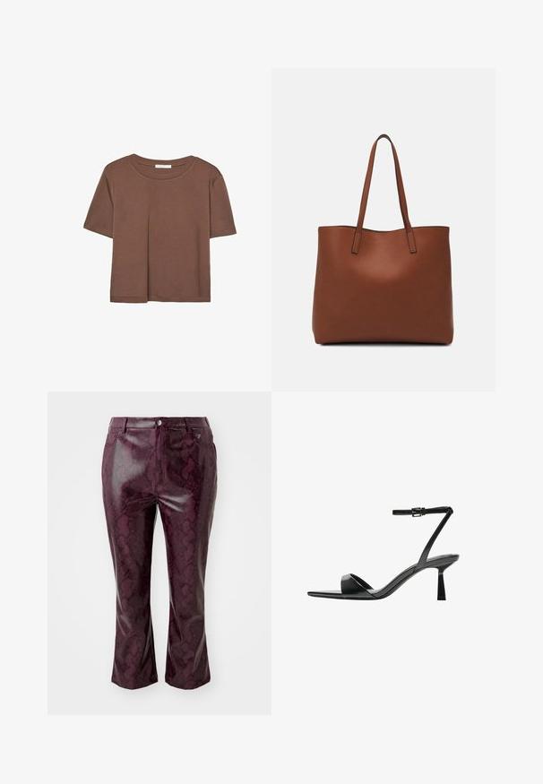 Hnedé tričko s krátkym rukávom vyrobené z jemného materiálu, s okrúhlym výstrihom a voľným strihom. Žiadne viditeľné vzory ani akcenty.; Burgundské nohavice z umelej kože so vzorom hada, priliehavý strih a rovné nohy. Obsahuje pás a predné zapínanie na gombík.; Bershka Sandále na vysokom opätku - black; Hnedá kožená taška na rameno s hladkou textúrou, otvoreným vrchom a dvoma ramenými popruhmi. Má minimálne šitia a žiadne viditeľné kovania.