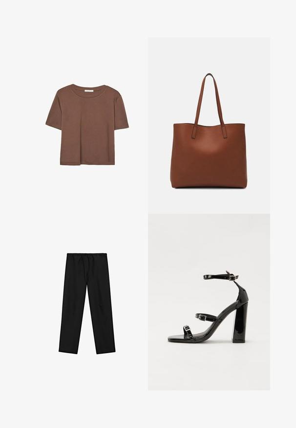 T-shirt marron à manches courtes en tissu doux, avec un col rond et une coupe décontractée. Aucun motif ni accent visible.; Pantalons noirs, à coupe ample, avec une taille élastique et un cordon de serrage. Comprend deux poches latérales et une texture lisse. Design décontracté.; Sandales à talons vernies noires avec un bout carré, des sangles autour de la cheville et des boucles en argent. Dotées d'un talon bloc épais pour plus de stabilité.; Sac fourre-tout en cuir marron avec une texture lisse, design à ouverture supérieure et deux poignées pour le porter à l'épaule. Présente des coutures minimales et aucun matériel visible.