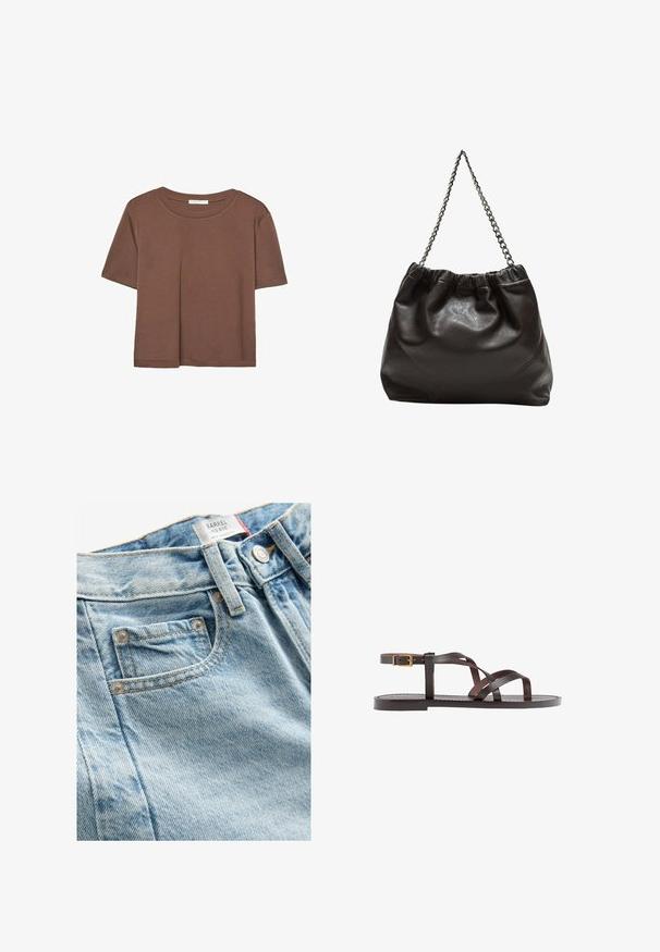 Braunes, kurzärmliges T-Shirt aus weichem Material mit rundem Halsausschnitt und lockerer Passform. Keine sichtbaren Muster oder Akzente.; Hellblaues, mittelhohes Denim-Jeanspaar mit strukturiertem Finish, das eine kleine Vordertasche und einen Metallknopfverschluss aufweist. Auffällige Nähte sind sichtbar.; Braune Leder-Sandale mit überkreuzten Riemen, einem Knöchelriemen mit Schnalle und einer flachen Sohle mit minimalen Nähdetails.; Braune Lederhandtasche mit gerafftem Oberteil und Kettenriemen. Glatte Textur mit glänzendem Finish und subtilen Nahtdetails an den Seiten.
