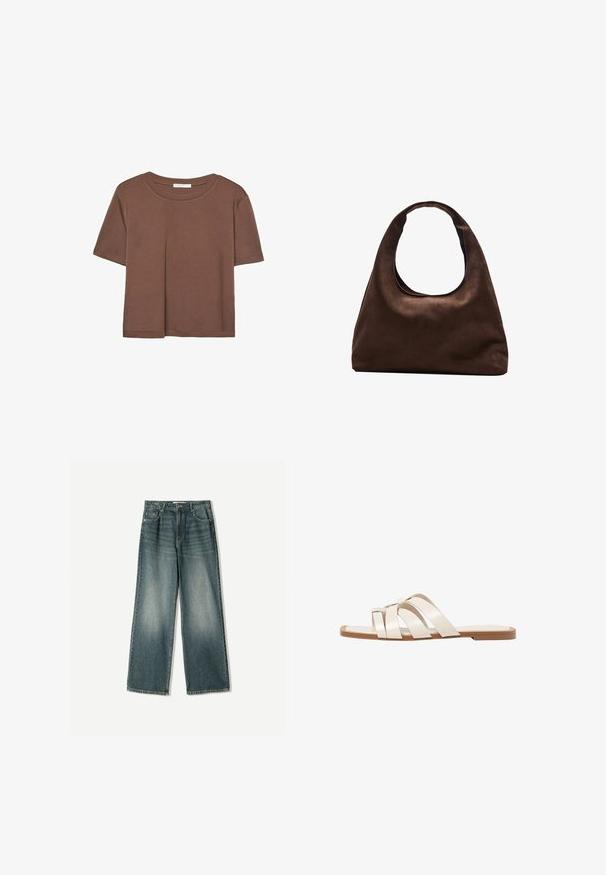 Hnědé tričko s krátkým rukávem vyrobené z měkké látky, s kulatým výstřihem a volným střihem. Bez viditelných vzorů nebo dekorací.; Džíny s širokými nohavicemi v bledě modré barvě, s pěti kapsami, zapínáním na knoflík a jemným efektem odření na přední straně.; Ploché sandály s hnědou gumovou podrážkou, navržené se třemi překrývajícími se bílými koženými řemínky a malým mašlí uprostřed.; Měkká hnědá kabelka ve stylu hobo s jedním širokým popruhem a zakřiveným horním otvorem, vystavená na bílém pozadí.