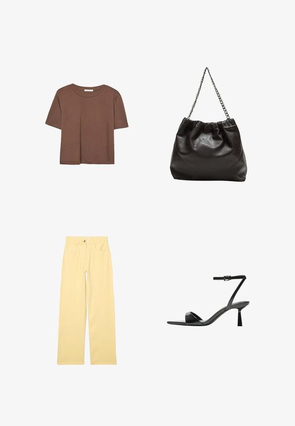 Brun kortærmet t-shirt lavet af blødt stof, med rund halsudskæring og afslappet pasform. Ingen synlige mønstre eller detaljer.; Gule brede jeans med høj talje, der har fem lommer, bæltestropper og sølvfarvede knapper, lavet af denimstof i bomuld.; Bershka Højhælede sandaletter / Højhælede sandaler - black; Brun lædertaske med en rynket top og en kædestrop. Glat tekstur med en blank finish og subtile sømdetaljer på siderne.