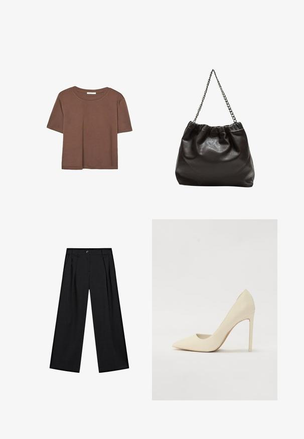 Brązowa koszulka z krótkim rękawem, wykonana z miękkiego materiału, z okrągłym dekoltem i luźnym krojem. Brak widocznych wzorów lub akcentów.; Czarne szerokie spodnie wykonane z gładkiego materiału, z przyszytymi plisami z przodu, bocznymi kieszeniami oraz zapięciem na guzik w pasie.; Beżowy szpilka o spiczastym nosku, wykonana z gładkiej skóry, z cienką obcasem i niewielkim wycięciem po bokach.; Brązowa skórzana torba z marszczonym szczytem i łańcuszkowym paskiem. Gładka tekstura z błyszczącym wykończeniem i subtelnymi detalami szwów po bokach.
