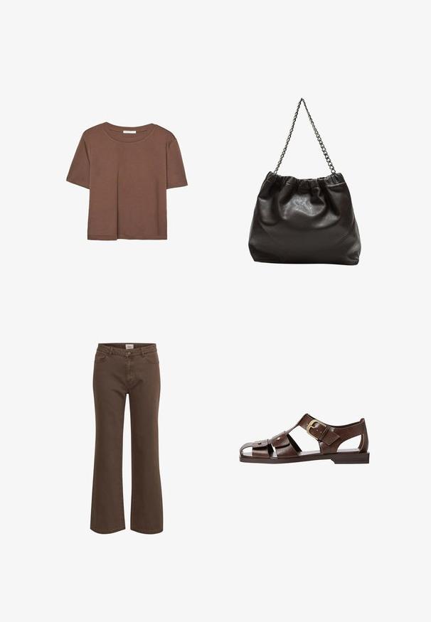 Rjava kratka majica s kratkimi rokavi iz mehkega materiala, s krožnim izrezom in ohlapnim krojem. Brez vidnih vzorcev ali dodatkov.; Rjavi široki traper hlače iz trpežnega materiala s tradicionalnim pet-pocket dizajnom. Imajo zapiranje na gumb in zanke za pas. Čisti robovi.; Rjave usnjene sandale z izrezljanim dizajnom, nastavljivim stranskim sponko in ravnim podplatom, dekorirane z kovinskimi detajli in odprtim prstom.; Rjava usnjena torba z nabranim vrhom in verižnim trakom. Gladka tekstura z sijajno površino in subtilnimi šivi na straneh.