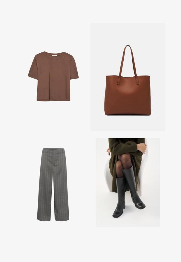 Brown short-sleeve t-shirt made of soft fabric, with a round neckline and relaxed fit. No visible patterns or accents.; Gray wide-leg trousers with vertical white pinstripes, made from smooth fabric, featuring a flat waistband and front pockets.; Knee-high black leather boots with a squared toe and block heel, shown with a model seated in an olive green coat. Smooth texture, minimal detailing.; Brown leather tote bag with a smooth texture, open top design, and two shoulder straps. Features minimal stitching and no visible hardware.