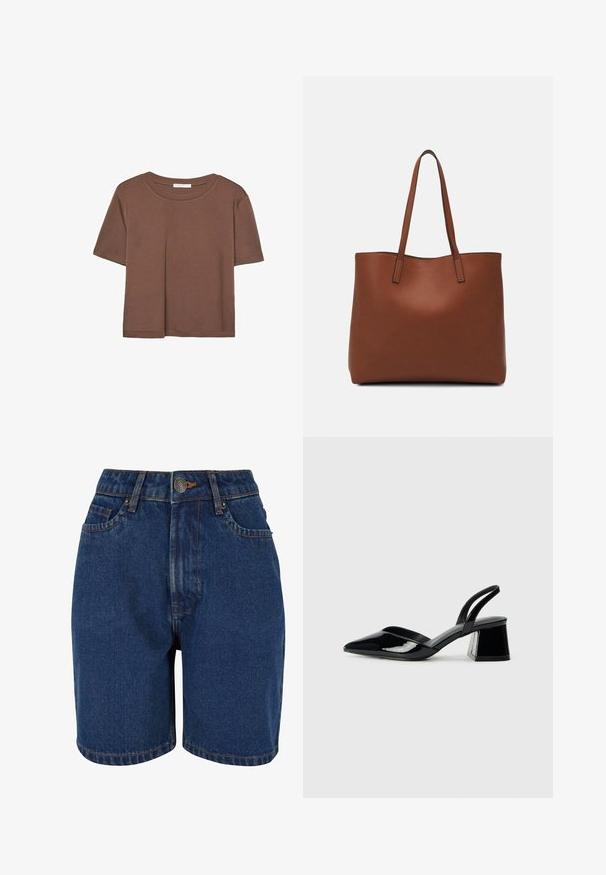 Smeđi kratki rukav majica od mekog materijala, s okruglim izrezom i opuštenim krojem. Nema vidljivih uzoraka ili naglasaka.; Traper kratke hlače u tamnoplavoj boji, visokog struka, s pet džepova i kontrastnim narančastim šavom. Tkanina izgleda teksturirano.; Crne lakirane kožne sandale s otvorenom petom i špicastim vrhom, s geometrijskom blok petom. Imaju elegantan, minimalistički dizajn i glatku teksturu.; Smeđa kožna torba preko ramena s glatkom teksturom, otvorenim vrhom i dvjema naramenicama. Ima minimalne šavove i nema vidljivog hardvera.