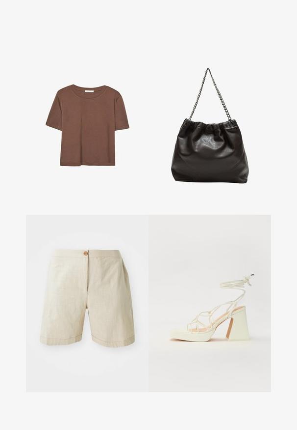 Hnědé tričko s krátkým rukávem vyrobené z měkké látky, s kulatým výstřihem a volným střihem. Bez viditelných vzorů nebo dekorací.; Beige lněné šortky s knoflíkovým zapínáním, volným střihem a ohrnutými lemy. Hladká textura s jemným tkaným vzorem.; Bílé sandály na vysokém podpatku s robustním podpatkem, s designem s pásky a zavazováním kolem kotníku. Hladký povrch s platformou vpředu pro zvýšení výšky.; Hnědá kožená taška se sbíraným vrškem a řetízkovým popruhem. Hladký povrch s lesklým finišem a jemným švem na bocích.