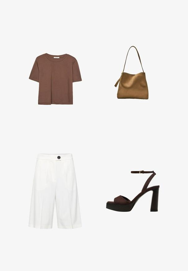 Brun kortærmet t-shirt lavet af blødt stof, med rund halsudskæring og afslappet pasform. Ingen synlige mønstre eller detaljer.; b.young BYRIZETTA - Shorts - off white; Brune ruskinds højhælede sandal med åben tå, justerbar ankelrem og en stribet plade sål.; Brun ruskind skuldertaske med en glat overflade, buet top og en lang, flad skulderrem. Har en lynlås på den ene side.