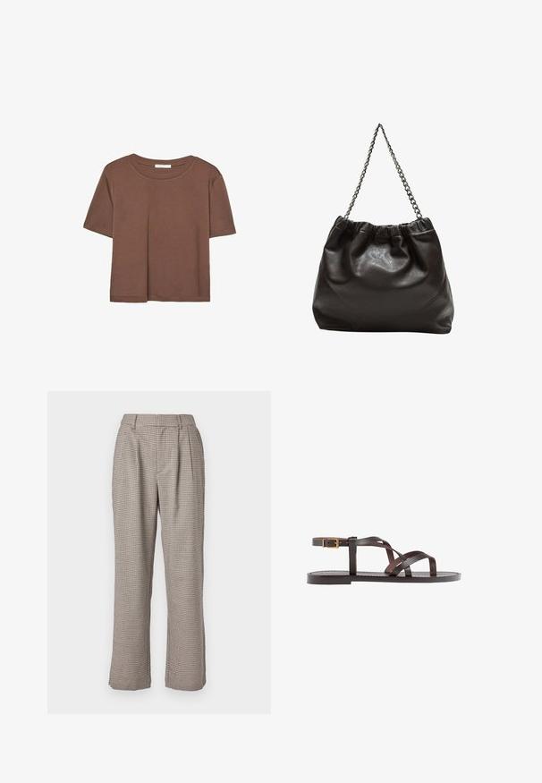 Smeđi kratki rukav majica od mekog materijala, s okruglim izrezom i opuštenim krojem. Nema vidljivih uzoraka ili naglasaka.; Karirane hlače visoki struk u bež i crnoj boji, s opuštenim krojem, nabranim detaljima i bočnim dzepovima. Glatka tekstura i široke nogavice.; Smeđe kožne sandale s iskrižanim trakama, umetkom za zapešće s kopčanjem i ravnim potplatom s minimalnim detaljima šivanja.; Smeđa kožna torba s naboranim vrhom i lančićem za nošenje. Glatka tekstura s sjajnim završetkom i suptilnim šavnim detaljima sa strane.